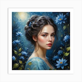 Girl With Blue Flowers Art Print