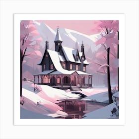 House In The Snow Watercolor Landscape Art Print