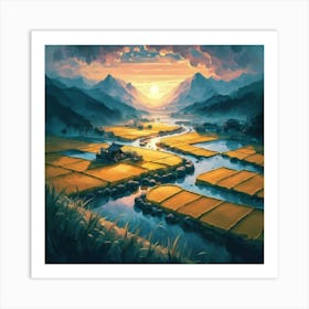Beautiful views of rice fields, close to the river and surrounded by mountains, 11 Art Print