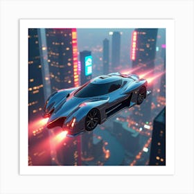 Futuristic Flying Car With Sleek Metallic Design, Soaring Over Neon Cityscape 1 Art Print