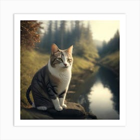 Cat Sitting By A River Art Print