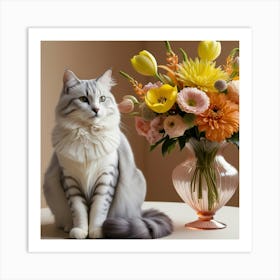 Cat With Flowers Art Print