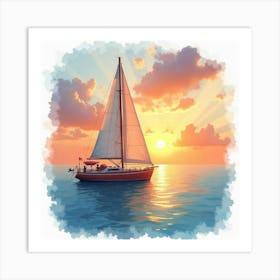 Cozy Sailboat In Watercolor Dreamy Sunset 1 Art Print