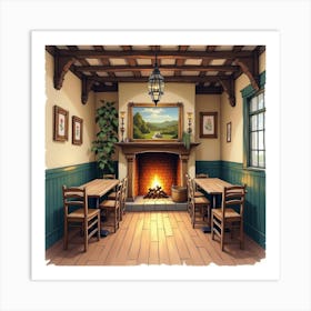 A Cozy English Pub Interior With A Crackling Fire And Wooden Beams, Watercolor Style 1 Art Print