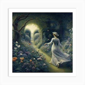 Woman Walking Through A Garden Art Print