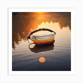 A Colorful Fanny Pack With Yellow, Red, And Blue Stripes Floats On The Surface Of A Calm Lake At Sunset, Reflecting The Sky And Trees Art Print