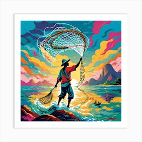 NEON NATIVE FISHERMAN Art Print