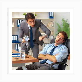 A Salesperson Trying To Sell A Product To A Very Uninterested Customer Who Is Asleep In Their Chair, Starting To Sweat From The Effort Art Print