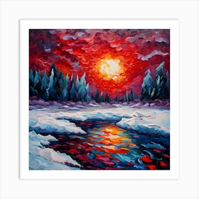 Sunset Painting Abstract Sun Trees River Water Snow Sky Clouds Flare Light Ice Tundra Nature Landscape Art Print