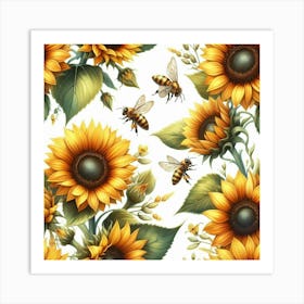 Sunflowers With Bees Art Print