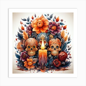 Day Of The Dead Skulls And Flowers Art Print