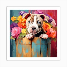 Puppy In A Basket Of Flowers Art Print