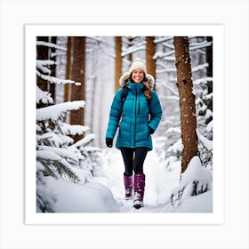 Beautiful woman in winter gear hiking on a snowy trail in the woods Art Print