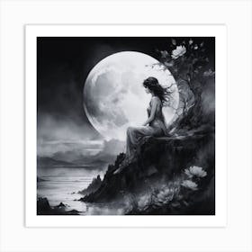 Girl In Full Moon Art Print