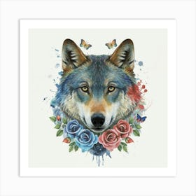 Wolf With Roses And Butterflies Art Print