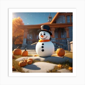 Snowman with the pumpkins  Art Print