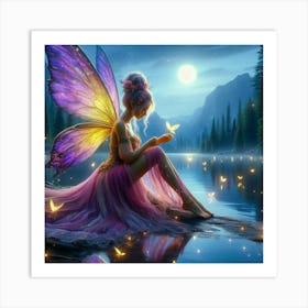 Fairy sitting by the lake under the moon Art Print