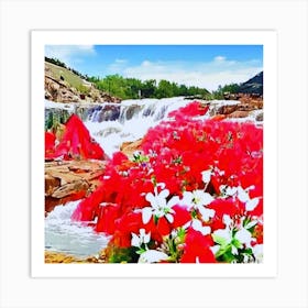 Red Flowers In A Waterfall Art Print