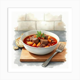 Watercolor Painting Of A Classic And Savory Beef Stew On A Modern Kitchen Countertop Art Print