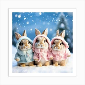 Three Rabbits In Winter Clothes Art Print