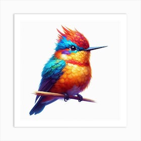 Bird Is The Word 3/4 (bright colourful bird on perch plain white background rainbow cut feathered friend tweet songbird cute wall decoration) Art Print