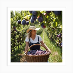 Woman Picking Plums In An Orchard 1 Art Print
