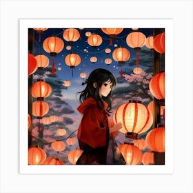 Japanese girl and paper lantern 1 Art Print