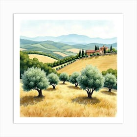 Classic Tuscan Countryside In Watercolor, With Rolling Hills And Ancient Olive Groves 1 Art Print