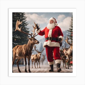 Santa Claus With Reindeer Art Print