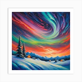 Aurora’s Embrace: Winter’s Twilight in a Painted Dreamscape wall art impressionist style Art Print