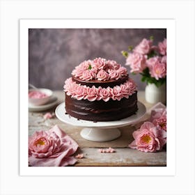 Chocolate Cake Buttercream Icing And Pink Icing Flowers On A Table Background Nicely Blurred Highlig 457477735 Art Print