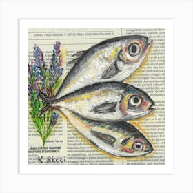 Sardine Fish On Newspaper Lavender Rustic Coastal Seaside Ocean Wall Decor From Original Oil Painting Art Print