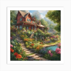 a house with flowers around it Art Print