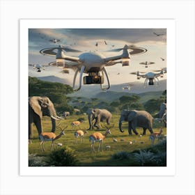 Elephants And Drones Art Print