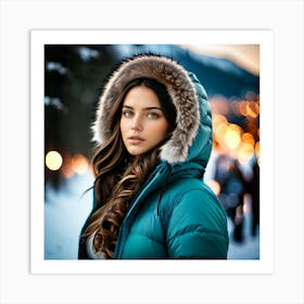 Woman in down jacket in a snowy forest, glittering backlights Art Print