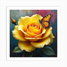 Yellow Rose With Butterfly Art Print