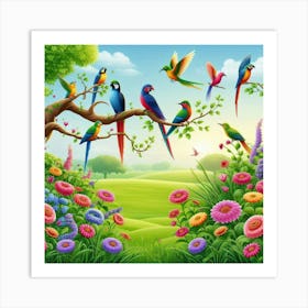 Parrots In The Garden Art Print