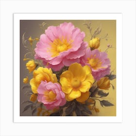 A Painting Of Pink And Yellow Flowers On A Yellow Background An Airbrush Painting By Senior Artist 635846579 Art Print