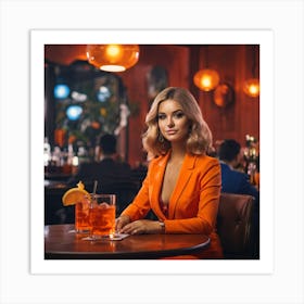 Blond Woman In Orange Dress At Bar Art Print