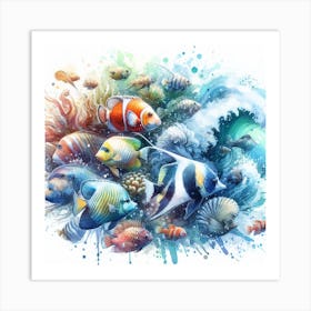 Sea Fish In Motion, Sea Fish Watercolour Art Print 4 Art Print