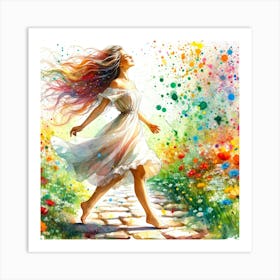 Girl Walking In The Flowers Art Print