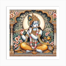 Lord Krishna Playing Flute Madhubani Art Painting Indian Traditional Style Art Print