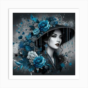 Asian Woman With Blue Flowers Art Print