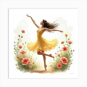 Elegant Dancer Leaps In A Watercolor Garden 1 Art Print