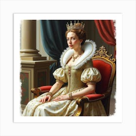 Queen Elizabeth I In Watercolor, Seated In Opulent Setting, Rich Attire 1 Art Print