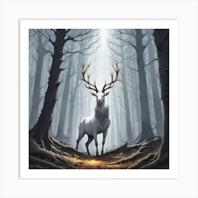 A White Stag In A Fog Forest In Minimalist Style Square Composition 21 Art Print