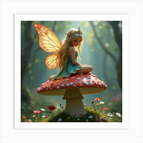 A Whimsical Fairy Queen With Iridescent Wings, Sitting On A Giant Mushroom 1 Art Print