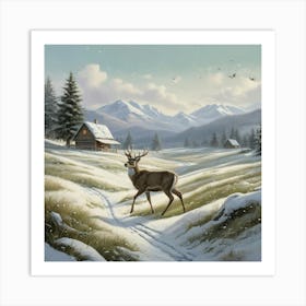 Deer In The Snow 24 Art Print