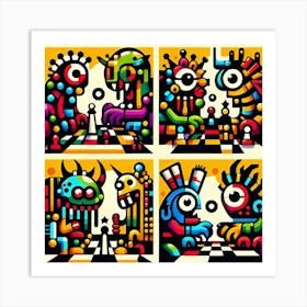 Brightly Colored And Low Resolution Cubism Monsters Playing Chess Art Print