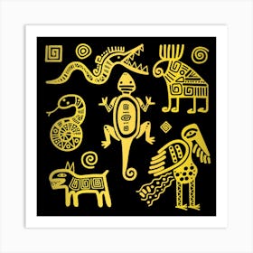 Mexican Culture Golden Tribal Icons Art Print